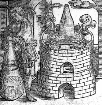 Laboratorio alquímico. ALquimista, matraz y athanor. En: Praeciosa ac nobilissima artis chymiae… de Janum Lacinium. Norimbergae 1554.
