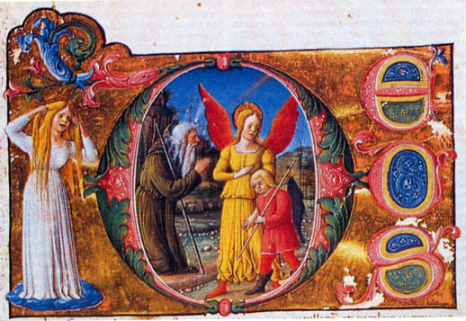 Arcángel Rafael con Tobías. Ramón Llull (atribución), Opera chemica, c. 1478. Biblioteca Nacional de Florencia.