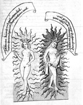 Azufre y Mercurio en un manuscrito alquímico del siglo XVI.