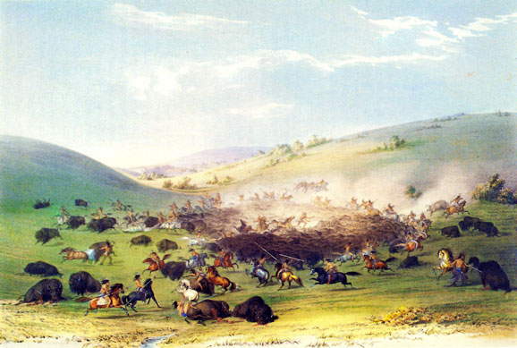 Caza del bisonte: el cerco, por George Catlin, 1832