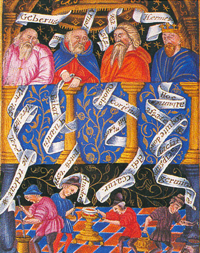Alquimistas trabajando bajo la dirección de 4 sabios. Bodleian Library, Oxford