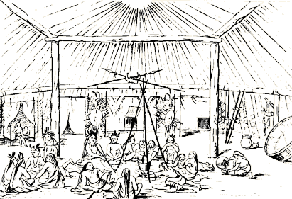 Cabaña Mandan, dibujo a partir de la pintura de George Catlin