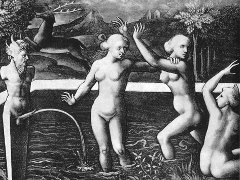 Ninfas en un estanque presidido por una herma de Pan. Andrea Mantegna. Detalle de Bacchanal
s. XV. París, Museo del Louvre.