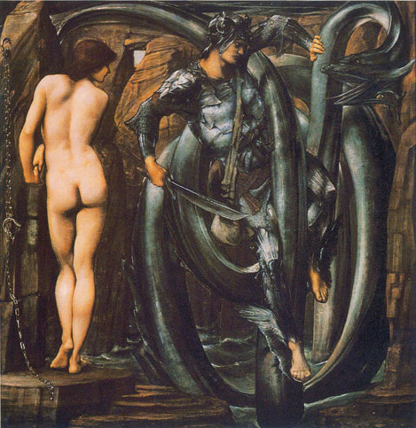 Perseo lucha con el monstruo marino al que se había sacrificado a Perséfone. Edward Burne-Jones, 1888.