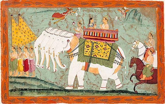 Indra y Sachi sobre el elefante Airavata. Amber, Rajastán, c. 1670-1680.