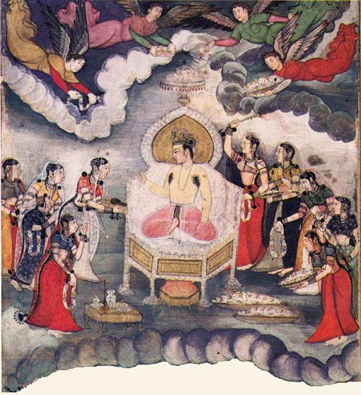 Indra atendido por las ninfas Apsaras. Razmanama, MS, Escuela de Akbar, 1598.