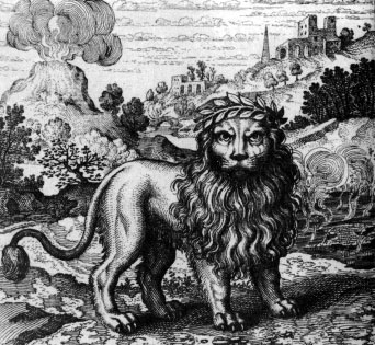 El león verde alquímico, según M. Maier. Atalanta fugiens (37). Oppenheim, 1618.