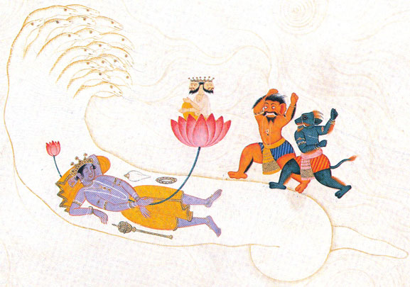 Brahma naciendo de un loto del ombligo de Vishnu.Escuela Kangra, c. s. XVIII.