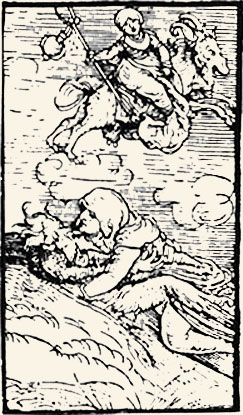 Bruja abrazada al diablo y volando montada   en el macho cabrío