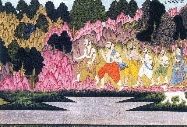 Escena de la epopeya del Mahâbhârata, los 5 hermanos Pandavas y su esposa Draupadi en el exilio