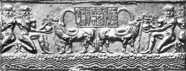 Gilgamesh dando de beber a un toro. Cilindro-sello asirio-babilónico. Colección Clercq.