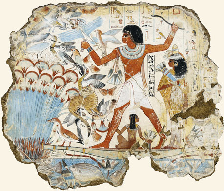 Nebamón caza y pesca en el Nilo. Pintura de su tumba. Museo Británico.