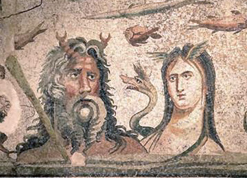 Océano y Tetis, detalle, s. I-II d. C. Mosaico romano. Museo Gaziantep, Turquía