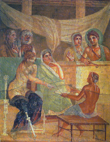 Oráculo, con Apolo presidiendo la ceremonia. Fresco en Pompeya
