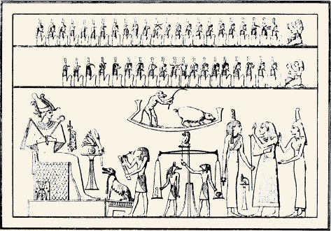 Juicio de las almas en la corte del inframundo de Osiris. Copia de la ilustración en un papiro egipcio antiguo.