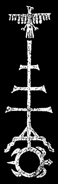 Símbolo de Deganawidah que consiste en la esquematización del Árbol de la Vida. En la cima del Árbol, está el Ave del Trueno o ave solar, con las alas abiertas.