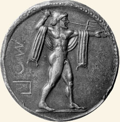 Moneda con Poseidón. Paestum, 510 a. C. Staatliche Museen, Berlín.