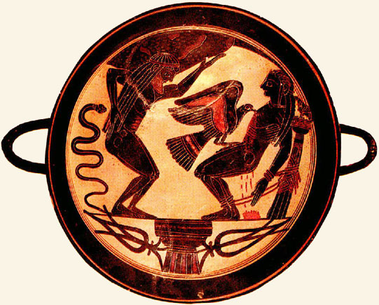 Atlas y Prometeo. Fondo de una copa. Cerámica. Laconia, c. s. VI a. C.Arqueológico Nacional.