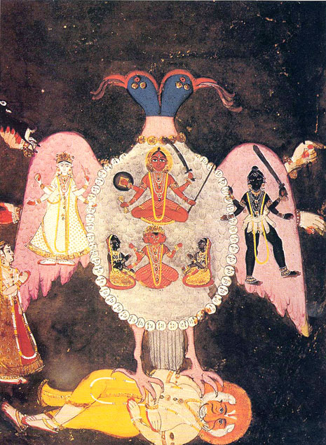Hamsa-Gáruda bicéfalo, con Durga, Kali y Devi. India, s. XIX.