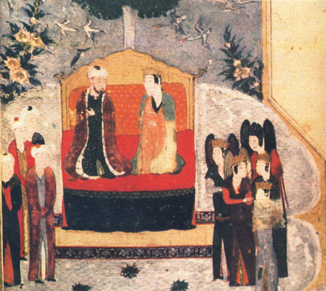 Salomón y la Reina de Saba. Pintura persa en los poemas de Farid al-Din Attar, 1472.