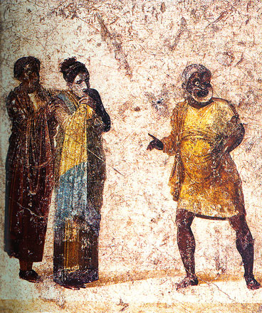 Actores representado una escena. Fresco de la casa Longus de Pompeya, Museo Nacional de Nápoles.