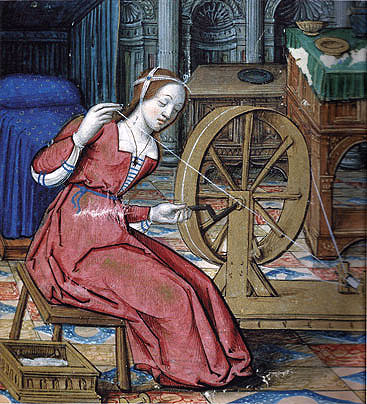 Aracne hilando lana. A. Dufour. Les Vies des Femmes Célèbres, c. 1505. Museo Dobrée, Nantes.