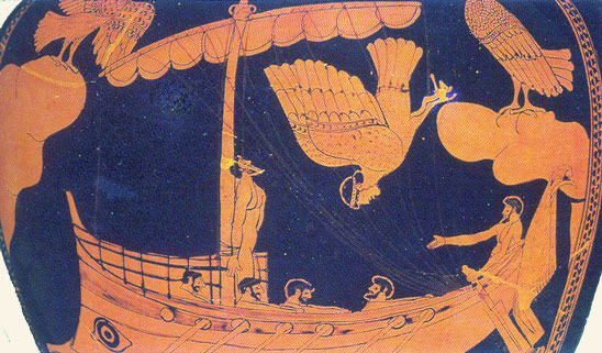 Odiseo y las sirenas arrojándose al mar. Stamnos ateniense. Principios del s. V a. C. 
